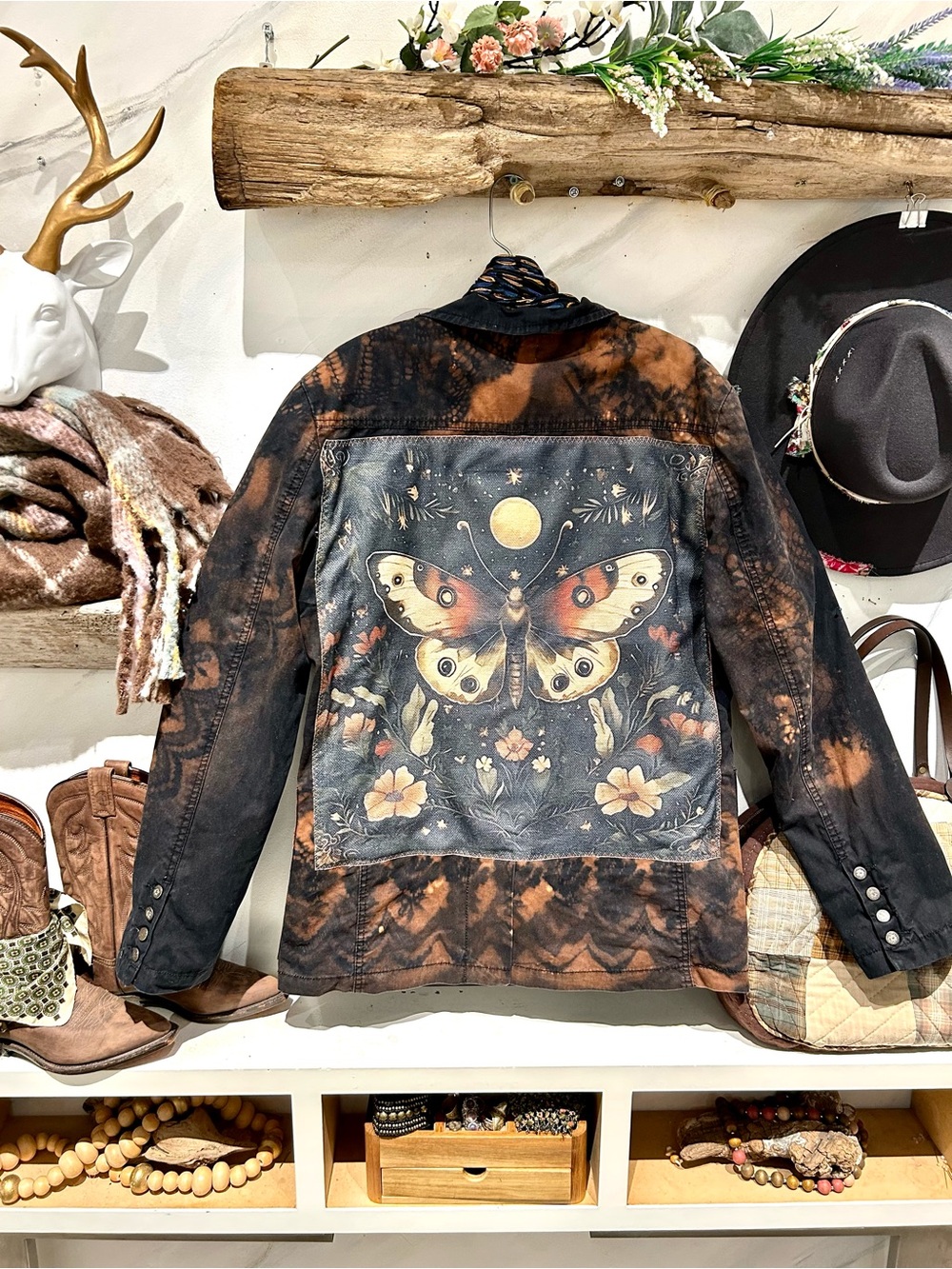 Celestial moon butterfly upcycled Zara boyfriend boho Jacket w lace tie dye
